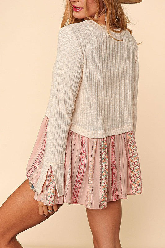 STRIPE FLORAL WOVEN BELL SLEEVE