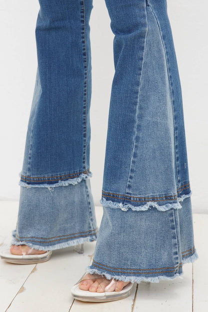 17391P - Two Tone Frayed Detail Bell Bottom Denim Jeans