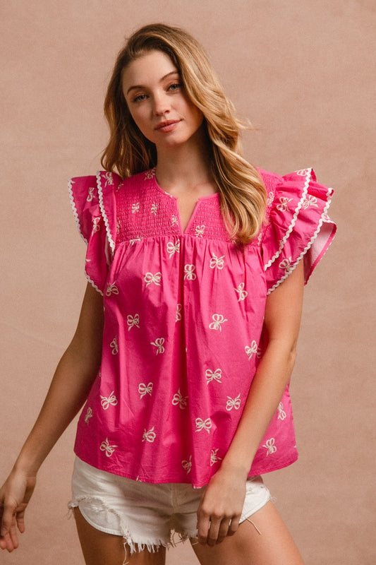 Bow Ribbon Woven Smocked Top