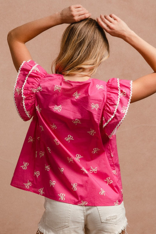 Bow Ribbon Woven Smocked Top