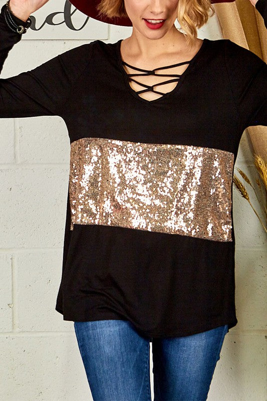 CRISS CROSS NECKLINE SEQUIN DETAIL TOP