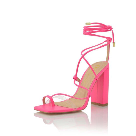 WOMENS STRAPPY LACE UP SQUARE TOE HEELED SANDALS