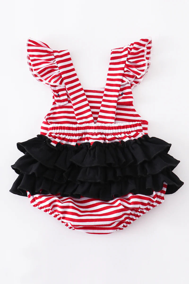 Red stripe shark applique ruffle baby romper