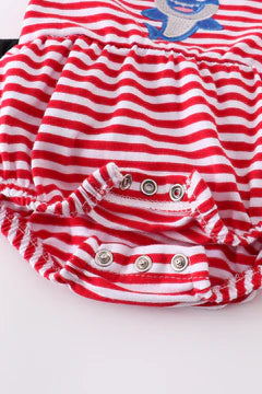 Red stripe shark applique ruffle baby romper